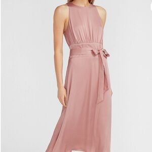 NWT Express Rose Pink Satin Tie-Waist Midi Dress